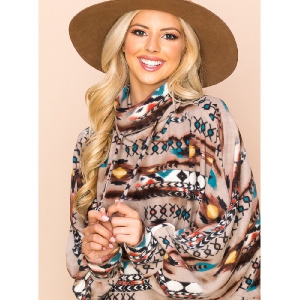 Aztec Print Cowl Neck Pullover Top
